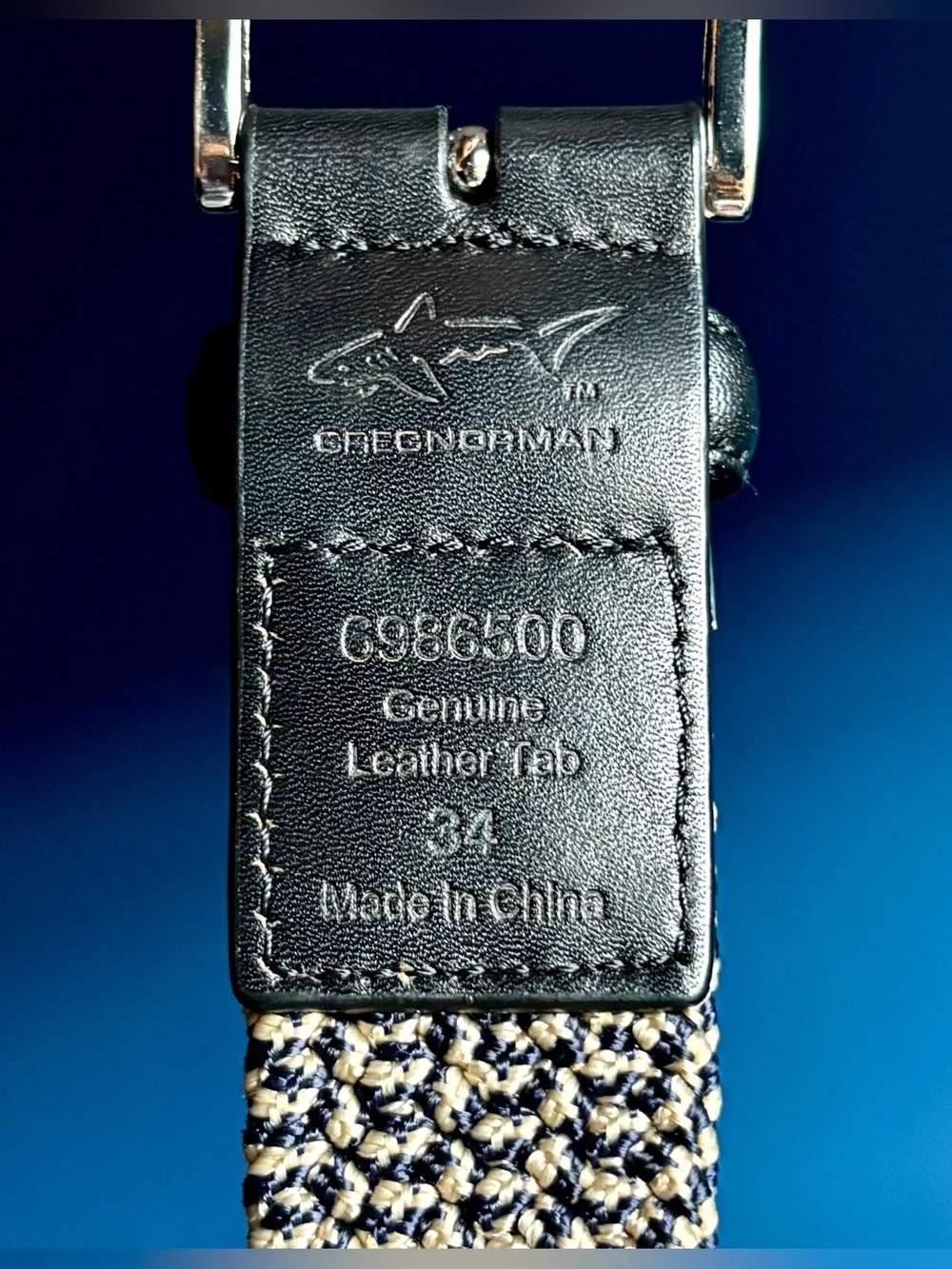 Greg Norman Blue Grey Stretch Belt 34 Black Leather Silver Buckle Logo Golf